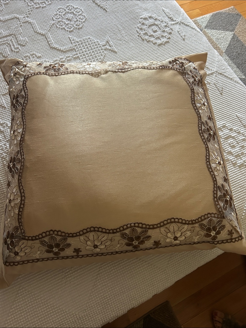 Embroidered Cream Decorative Accent Pillow with Floral Border, homemade, New